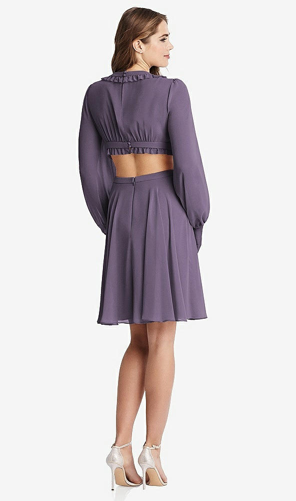 Back View - Lavender Bishop Sleeve Ruffled Chiffon Cutout Mini Dress - Hannah