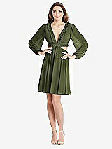 Alt View 1 Thumbnail - Olive Green Bishop Sleeve Ruffled Chiffon Cutout Mini Dress - Hannah