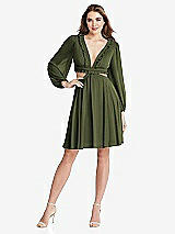 Front View Thumbnail - Olive Green Bishop Sleeve Ruffled Chiffon Cutout Mini Dress - Hannah
