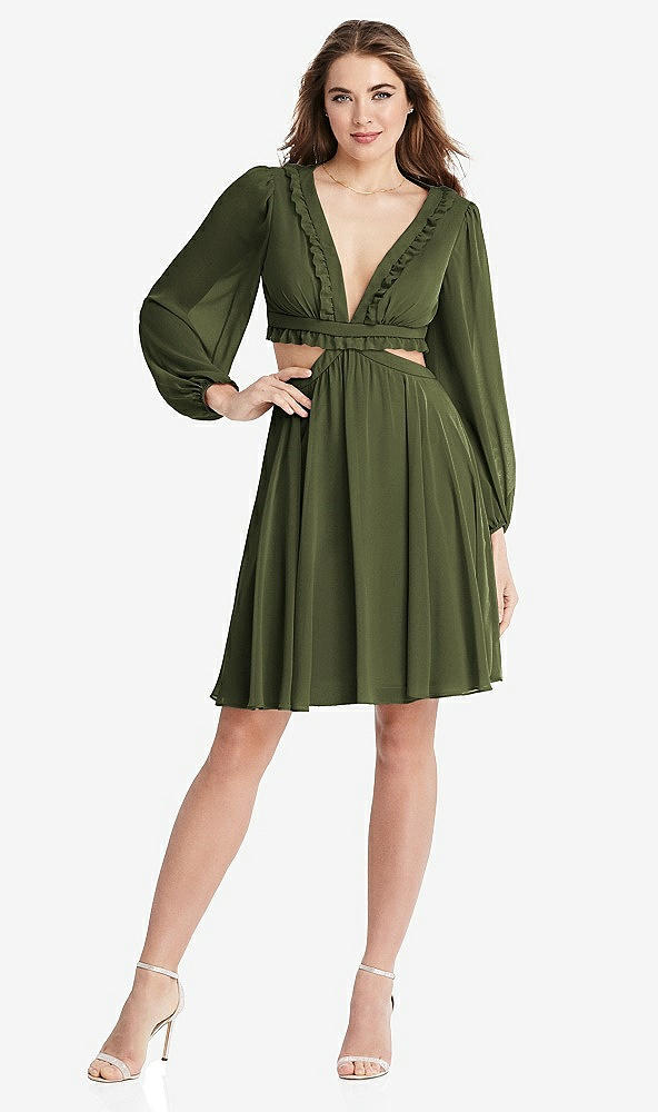 Front View - Olive Green Bishop Sleeve Ruffled Chiffon Cutout Mini Dress - Hannah