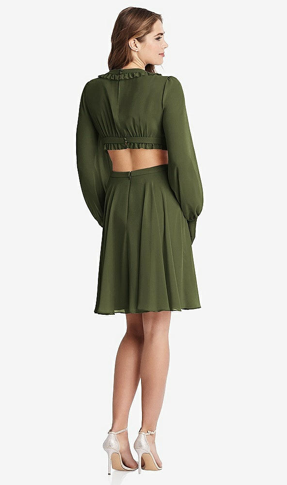 Back View - Olive Green Bishop Sleeve Ruffled Chiffon Cutout Mini Dress - Hannah