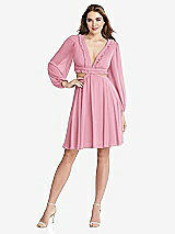 Front View Thumbnail - Peony Pink Bishop Sleeve Ruffled Chiffon Cutout Mini Dress - Hannah