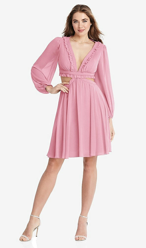 Front View - Peony Pink Bishop Sleeve Ruffled Chiffon Cutout Mini Dress - Hannah