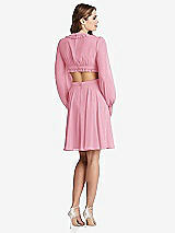 Rear View Thumbnail - Peony Pink Bishop Sleeve Ruffled Chiffon Cutout Mini Dress - Hannah
