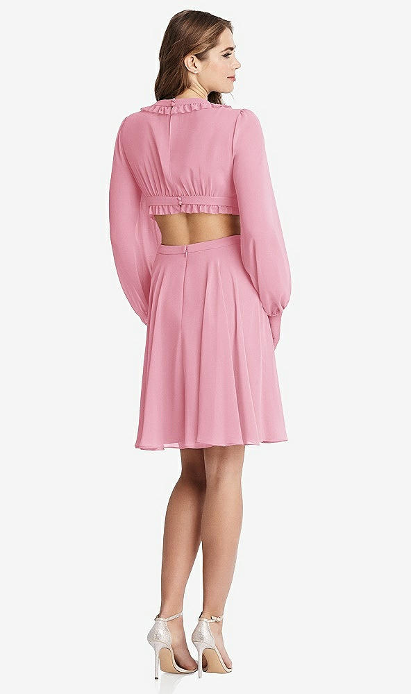 Back View - Peony Pink Bishop Sleeve Ruffled Chiffon Cutout Mini Dress - Hannah
