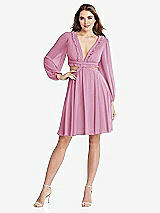 Front View Thumbnail - Powder Pink Bishop Sleeve Ruffled Chiffon Cutout Mini Dress - Hannah