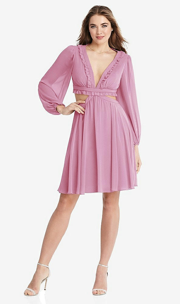 Front View - Powder Pink Bishop Sleeve Ruffled Chiffon Cutout Mini Dress - Hannah