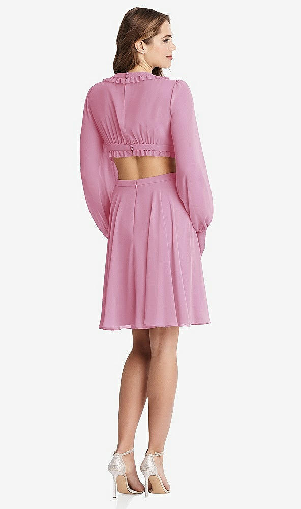 Back View - Powder Pink Bishop Sleeve Ruffled Chiffon Cutout Mini Dress - Hannah