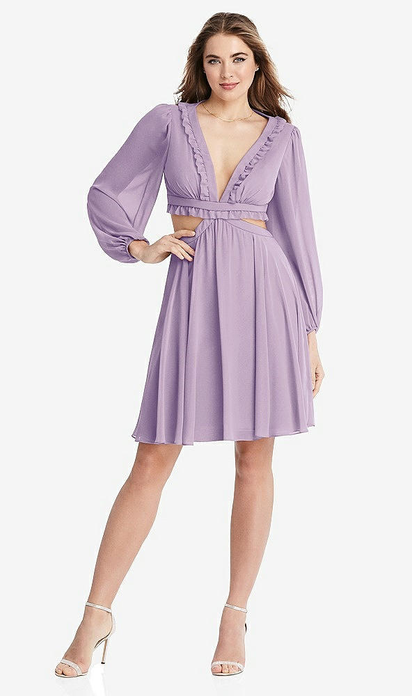 Front View - Pale Purple Bishop Sleeve Ruffled Chiffon Cutout Mini Dress - Hannah