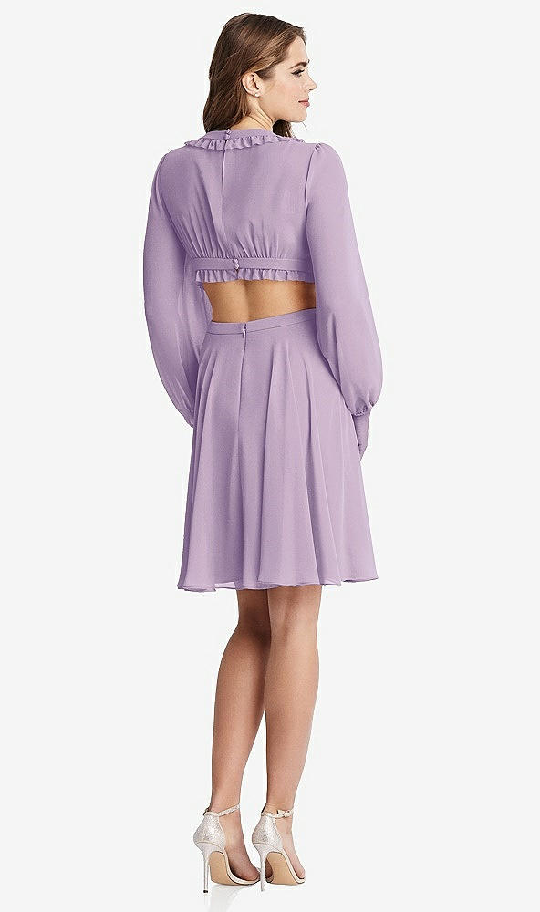 Back View - Pale Purple Bishop Sleeve Ruffled Chiffon Cutout Mini Dress - Hannah