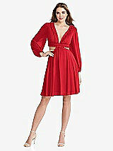Front View Thumbnail - Parisian Red Bishop Sleeve Ruffled Chiffon Cutout Mini Dress - Hannah