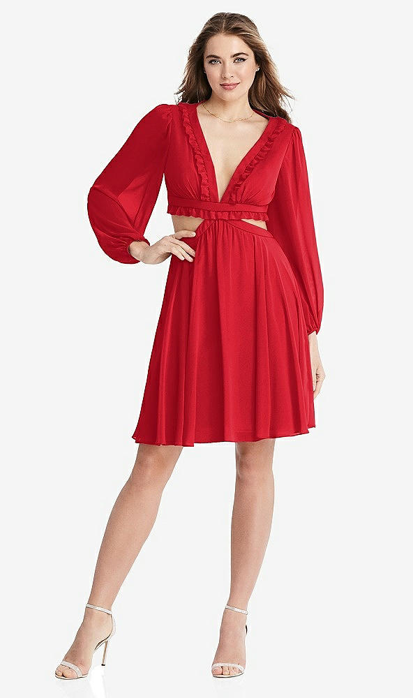 Front View - Parisian Red Bishop Sleeve Ruffled Chiffon Cutout Mini Dress - Hannah