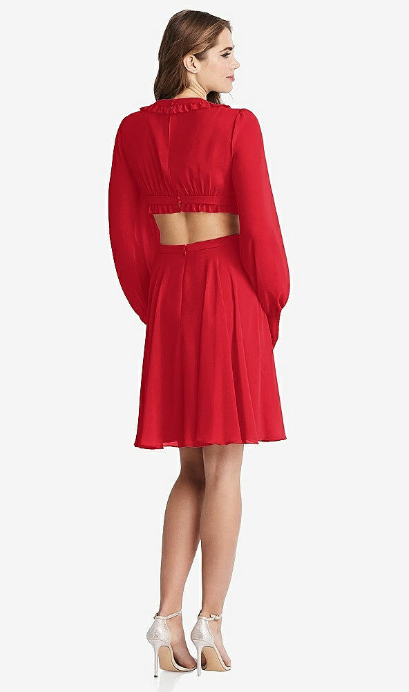 Back View - Parisian Red Bishop Sleeve Ruffled Chiffon Cutout Mini Dress - Hannah