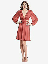 Alt View 1 Thumbnail - Coral Pink Bishop Sleeve Ruffled Chiffon Cutout Mini Dress - Hannah