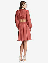 Rear View Thumbnail - Coral Pink Bishop Sleeve Ruffled Chiffon Cutout Mini Dress - Hannah