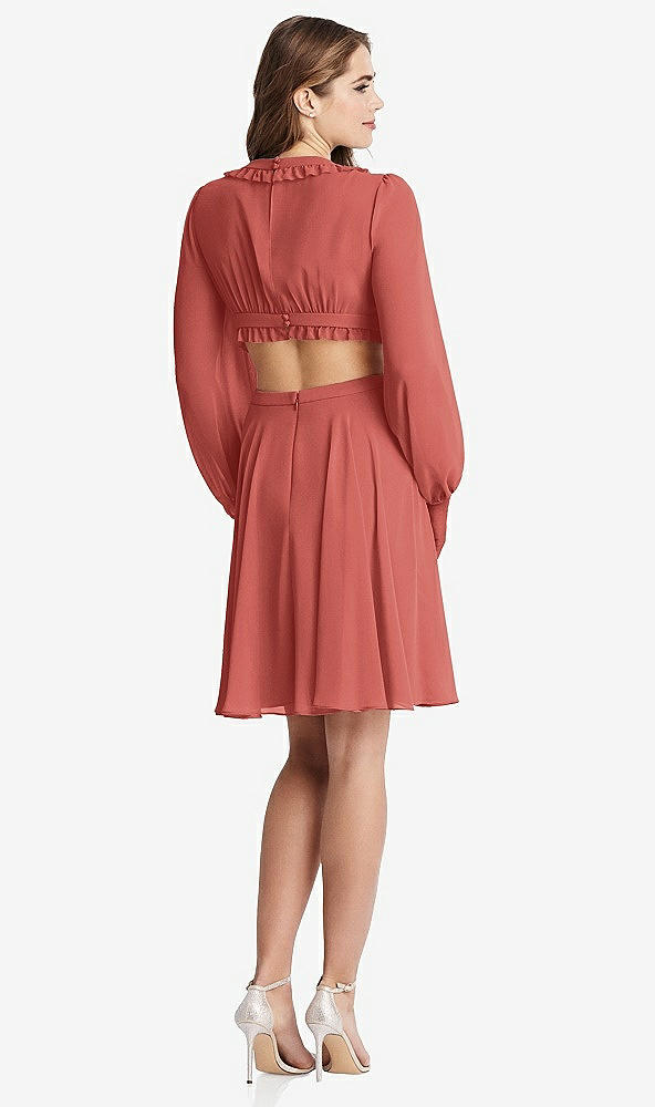 Back View - Coral Pink Bishop Sleeve Ruffled Chiffon Cutout Mini Dress - Hannah