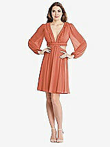 Alt View 1 Thumbnail - Terracotta Copper Bishop Sleeve Ruffled Chiffon Cutout Mini Dress - Hannah