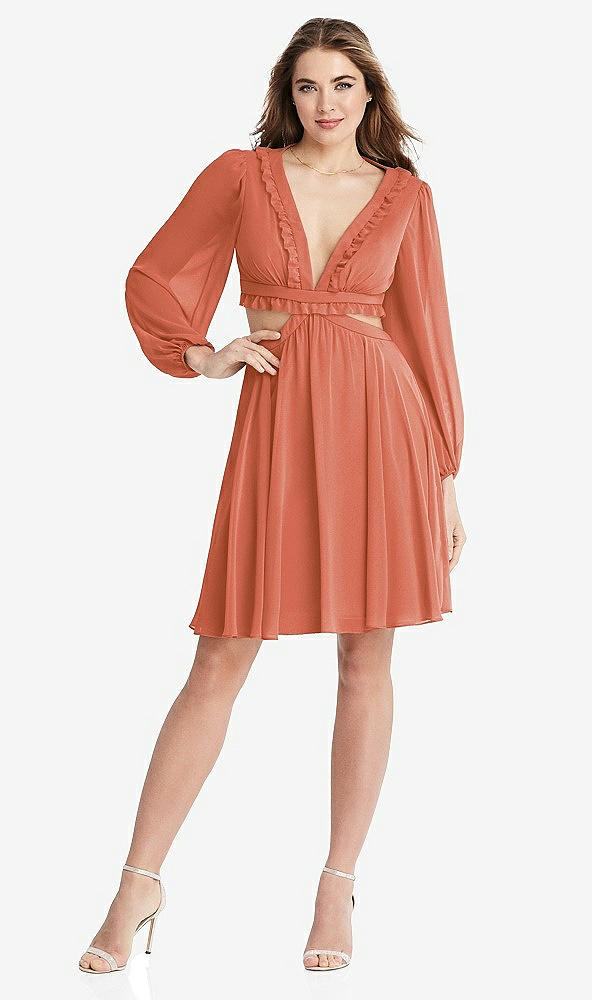 Front View - Terracotta Copper Bishop Sleeve Ruffled Chiffon Cutout Mini Dress - Hannah