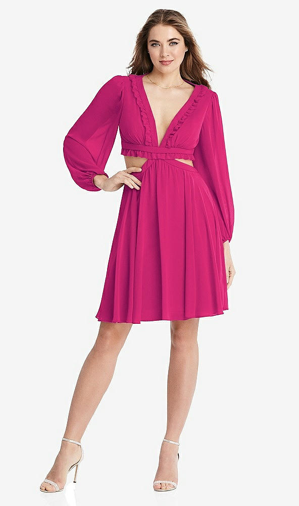 Front View - Think Pink Bishop Sleeve Ruffled Chiffon Cutout Mini Dress - Hannah