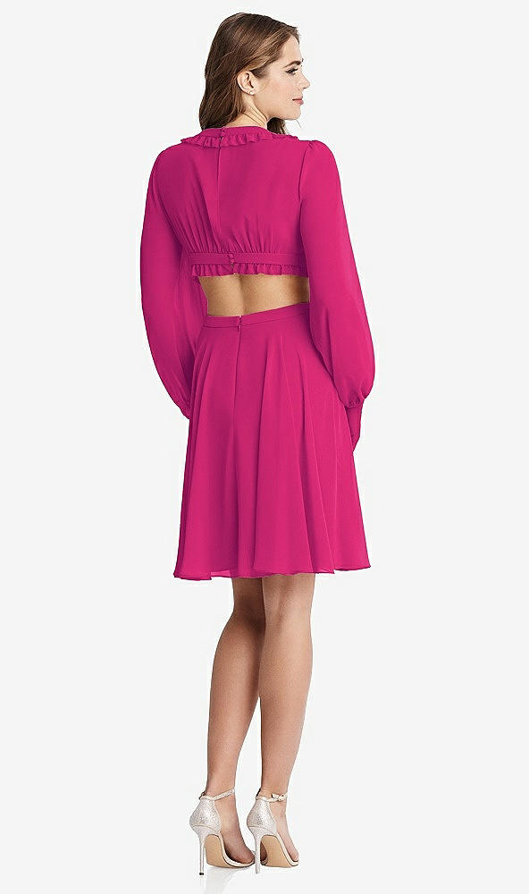 Back View - Think Pink Bishop Sleeve Ruffled Chiffon Cutout Mini Dress - Hannah