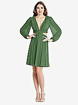 Alt View 1 Thumbnail - Vineyard Green Bishop Sleeve Ruffled Chiffon Cutout Mini Dress - Hannah