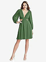 Front View Thumbnail - Vineyard Green Bishop Sleeve Ruffled Chiffon Cutout Mini Dress - Hannah