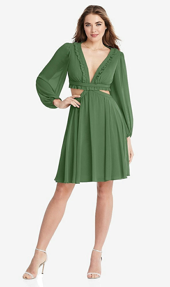 Front View - Vineyard Green Bishop Sleeve Ruffled Chiffon Cutout Mini Dress - Hannah