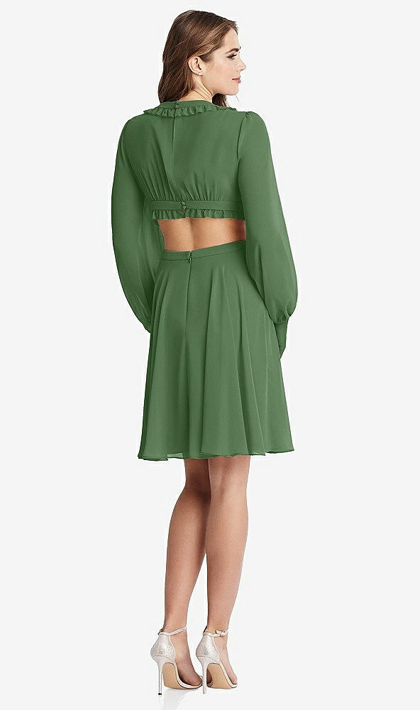 Back View - Vineyard Green Bishop Sleeve Ruffled Chiffon Cutout Mini Dress - Hannah