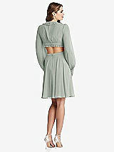Rear View Thumbnail - Willow Green Bishop Sleeve Ruffled Chiffon Cutout Mini Dress - Hannah