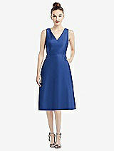 Front View Thumbnail - Classic Blue Sleeveless V-Neck Satin Midi Dress with Pockets