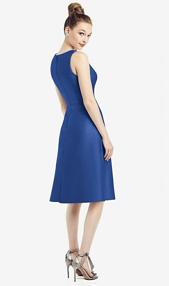 Back View - Classic Blue Sleeveless V-Neck Satin Midi Dress with Pockets