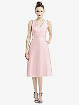 Front View Thumbnail - Ballet Pink Sleeveless V-Neck Satin Midi Dress with Pockets