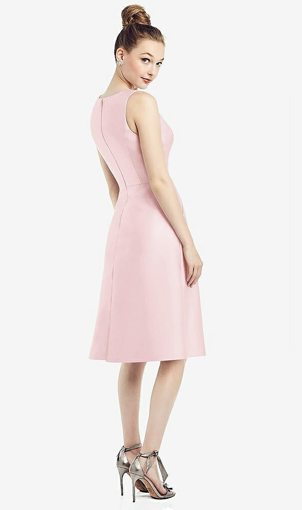 Back View - Ballet Pink Sleeveless V-Neck Satin Midi Dress with Pockets