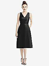 Front View Thumbnail - Black Sleeveless V-Neck Satin Midi Dress with Pockets