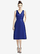 Front View Thumbnail - Cobalt Blue Sleeveless V-Neck Satin Midi Dress with Pockets