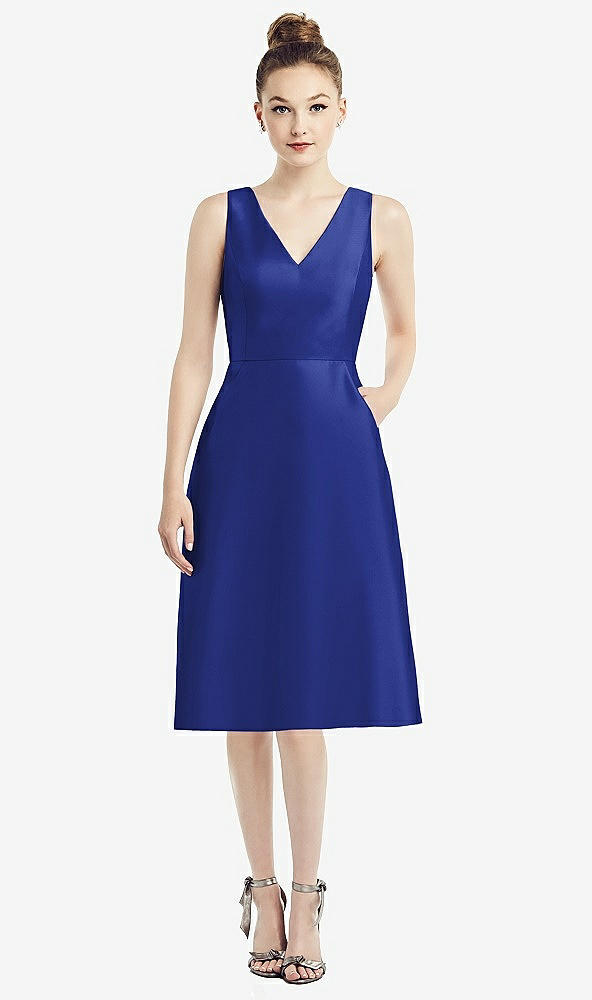 Front View - Cobalt Blue Sleeveless V-Neck Satin Midi Dress with Pockets