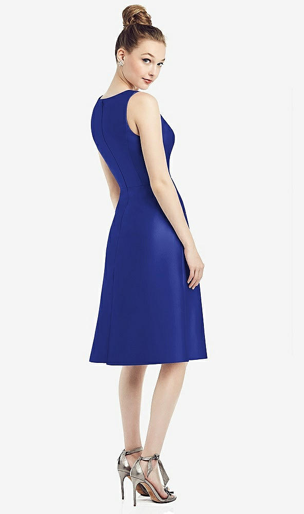 Back View - Cobalt Blue Sleeveless V-Neck Satin Midi Dress with Pockets
