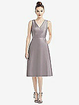 Front View Thumbnail - Cashmere Gray Sleeveless V-Neck Satin Midi Dress with Pockets