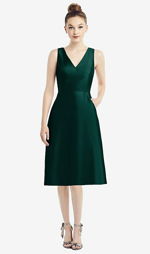 Front View - Evergreen Sleeveless V-Neck Satin Midi Dress with Pockets