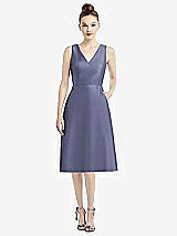 Front View Thumbnail - French Blue Sleeveless V-Neck Satin Midi Dress with Pockets