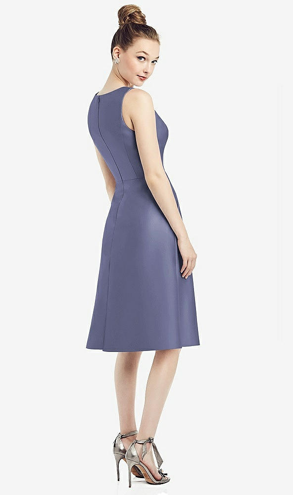 Back View - French Blue Sleeveless V-Neck Satin Midi Dress with Pockets