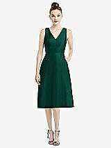 Front View Thumbnail - Hunter Green Sleeveless V-Neck Satin Midi Dress with Pockets