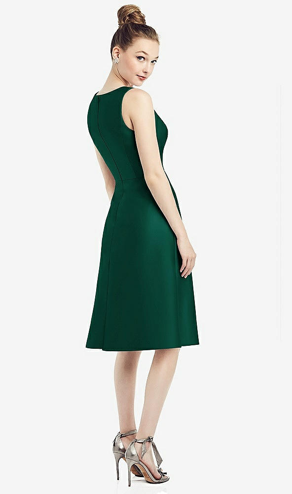 Back View - Hunter Green Sleeveless V-Neck Satin Midi Dress with Pockets