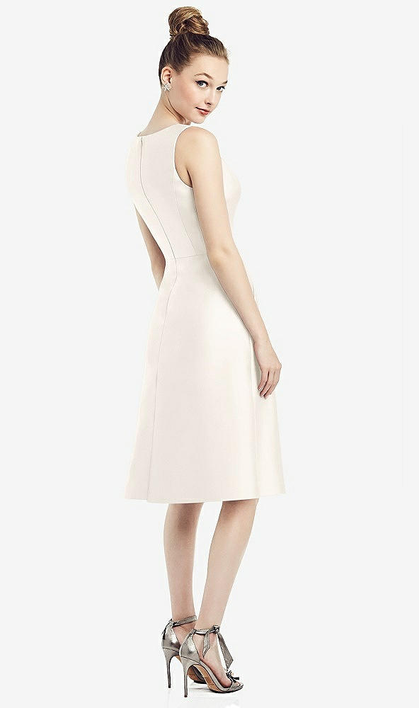 Back View - Ivory Sleeveless V-Neck Satin Midi Dress with Pockets