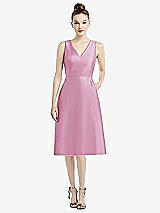 Front View Thumbnail - Powder Pink Sleeveless V-Neck Satin Midi Dress with Pockets
