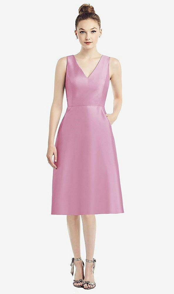 Front View - Powder Pink Sleeveless V-Neck Satin Midi Dress with Pockets