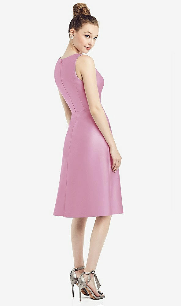 Back View - Powder Pink Sleeveless V-Neck Satin Midi Dress with Pockets