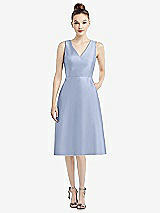 Front View Thumbnail - Sky Blue Sleeveless V-Neck Satin Midi Dress with Pockets