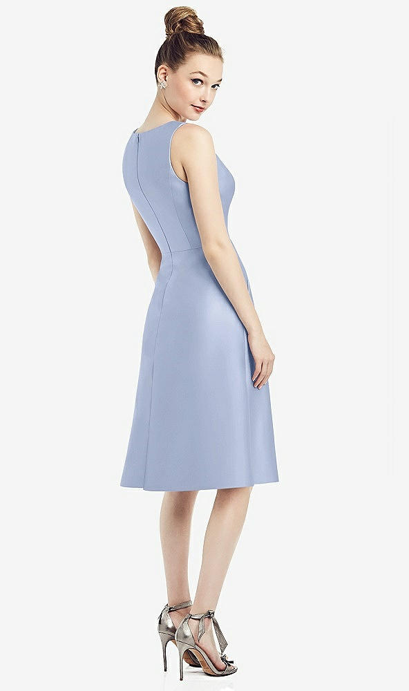 Back View - Sky Blue Sleeveless V-Neck Satin Midi Dress with Pockets
