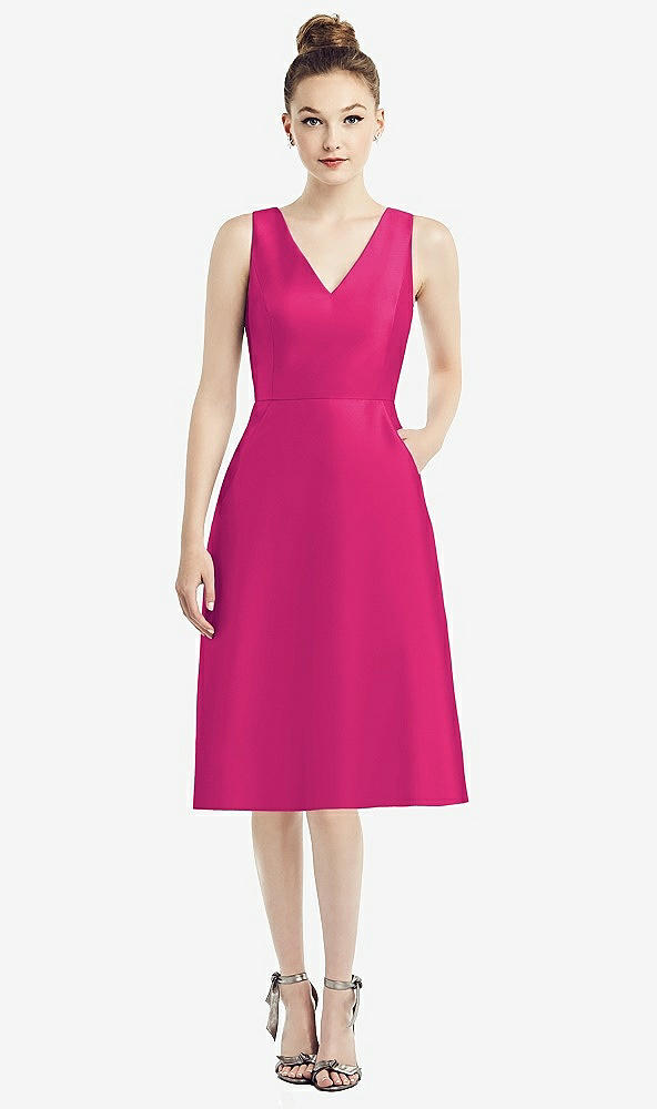 Front View - Think Pink Sleeveless V-Neck Satin Midi Dress with Pockets